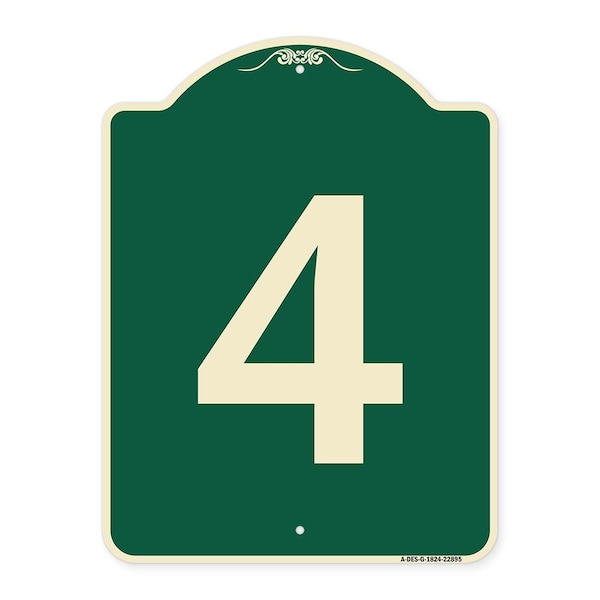 Designer Series Sign W/ Number 4, Green & Tan Heavy-Gauge Aluminum Sign, 24" x 18", G-1824-22895